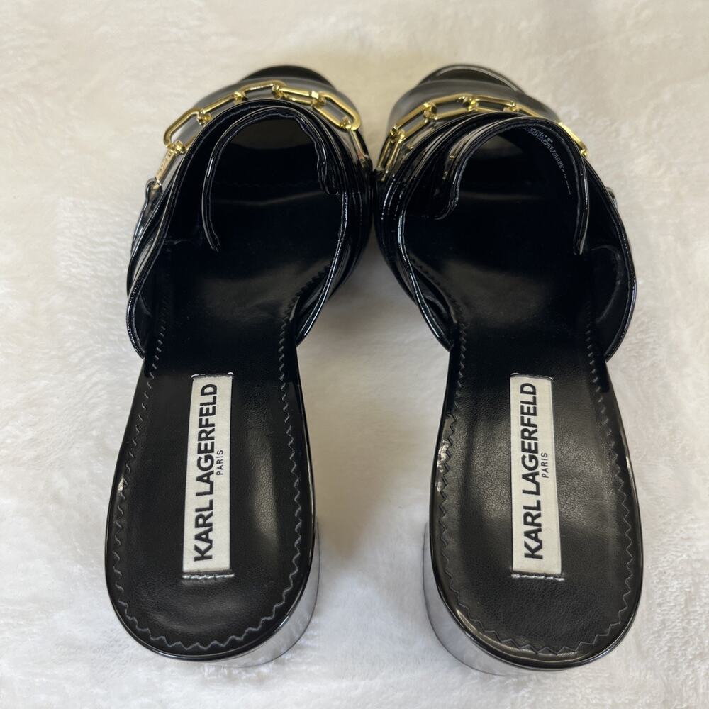 2pr Karl Lagerfeld Paris Mules Haley Patent Leather Black/Nude Chain Link Sz 10 - Picture 13 of 16